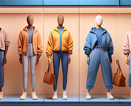 Five mannequins in a store window wearing casual fashion