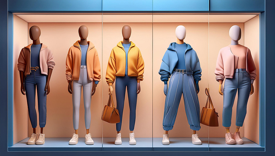 Five mannequins in a store window wearing casual fashion