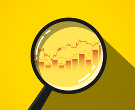 Magnifying glass revealing charts and graphs over a yellow background