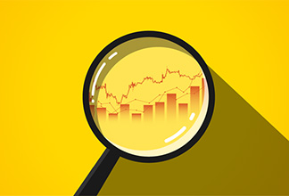 Magnifying glass revealing charts and graphs over a yellow background