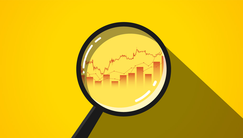 Loupe révélant des tableaux et des graphiques sur un fond jaune 