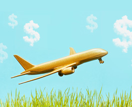 Gold airplane and clouds forming dollar signs