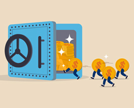 Illustrated coins with legs walking towards an open bank vault