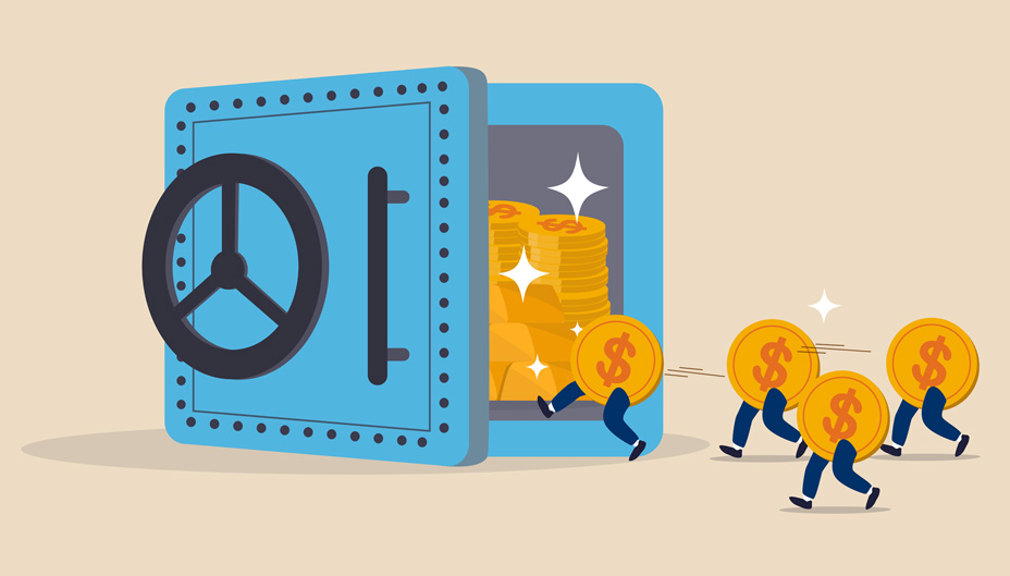 Illustrated coins with legs walking towards an open bank vault