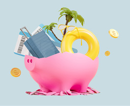 Open piggy bank with a number of travel items spilling out