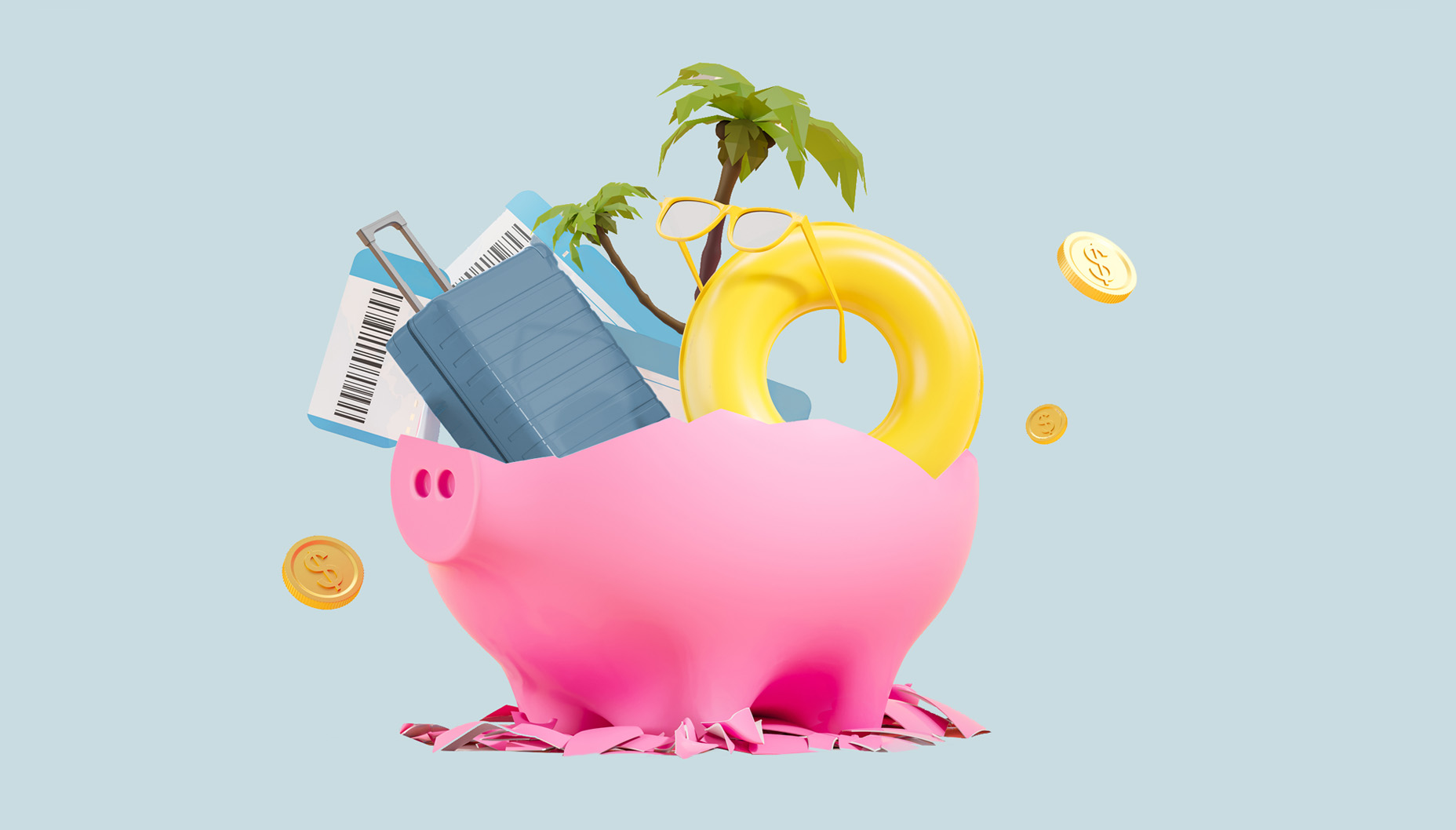 Open piggy bank with a number of travel items spilling out