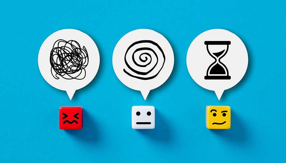 Three dice with stressed, neutral and thoughtful faces and a thought bubble above each 
