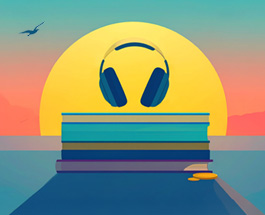 Pair of headphones and stack of books sitting on a sandy beach in front of a sunset