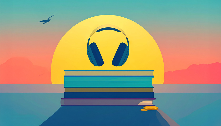 Pair of headphones and stack of books sitting on a sandy beach in front of a sunset