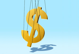 Illustration of a dollar sign hanging from ropes.