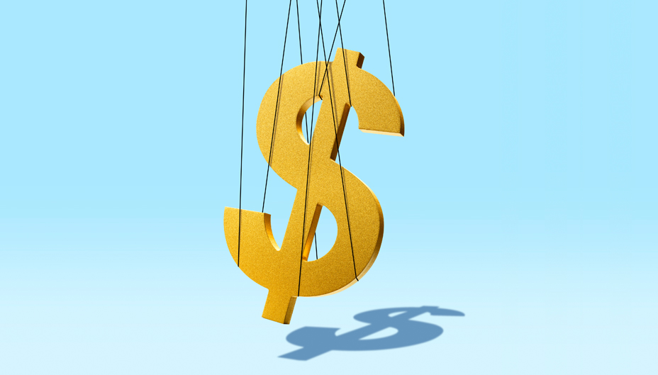 Illustration of a dollar sign hanging from ropes. 