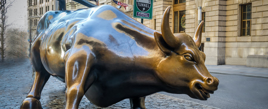 Close-up of bull sculpture on New York City.