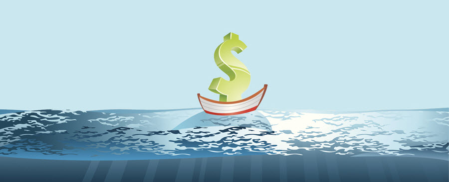Illustration d'un symbole du dollar flottant sur un petit bateau.