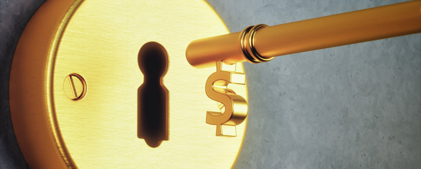 Symbole du dollar suspendu au bout d'une clé qui est insérée dans un trou de serrure.