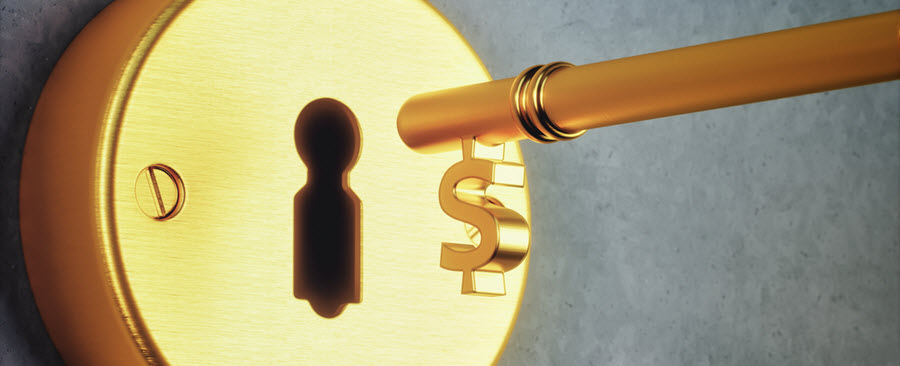 Dollar sign hanging off of the tip of a key that is being inserted into a keyhole. 