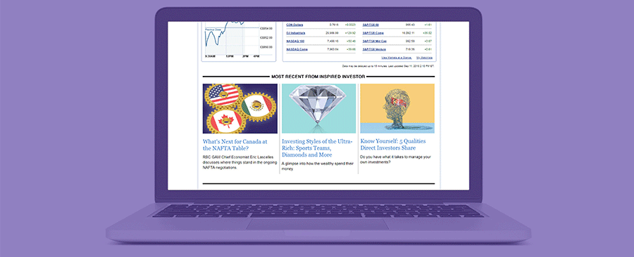 GIF of a laptop screen glowing with Inspired Investor articles showcased on it.