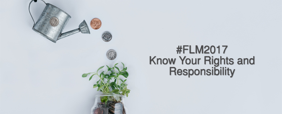 Coins pouring out of watering can. #FLM2017 Know Your Rights and Responsibilities written on image