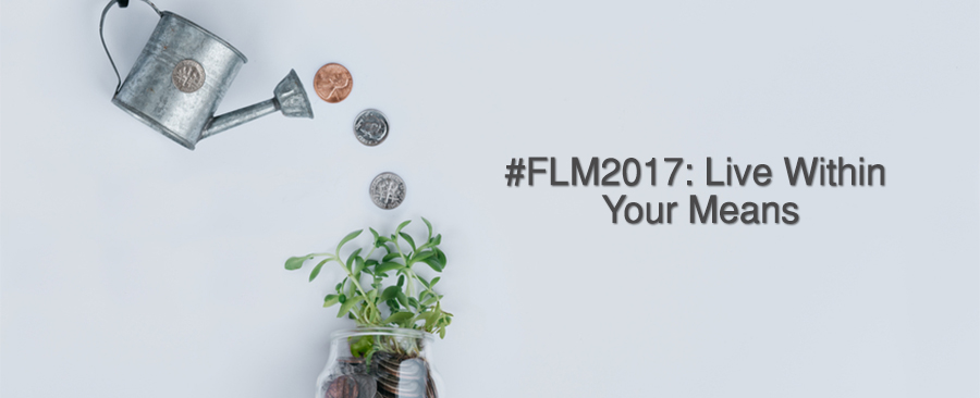 Coins pouring out of watering can onto plant. #FLM2017 Live Within Your Means written on image.