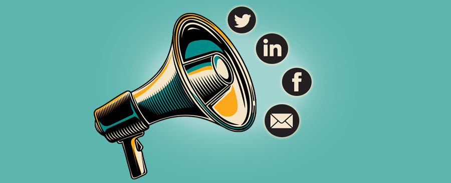 Megaphone surrounded by the following social media icons: Twitter, Facebook, LinkedIn, Email.