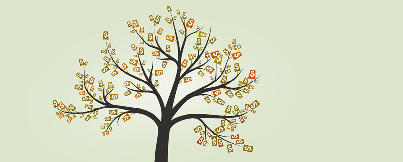 Arbre avec des signes de dollar en guise de feuilles.