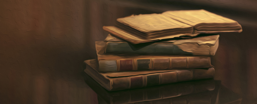 Oil painting of old books stacked in a library.