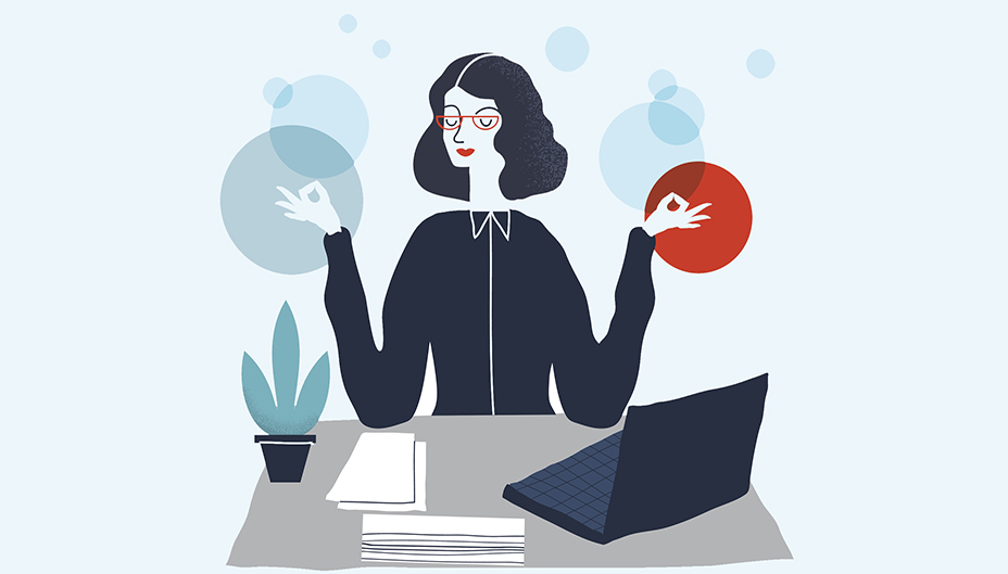 Illustration of a woman meditating at her desk.