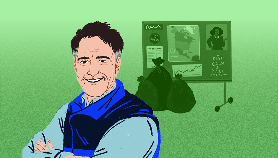 Image de Brian Scudamore se tenant devant un tableau de vision et des sacs de déchets.