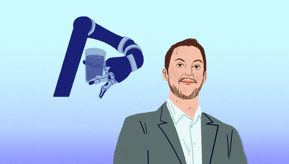 Illustration of Charles Deguire with his invention JACO behind him.