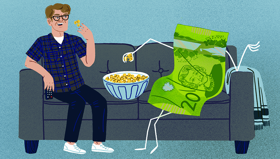 Illustration of eating popcorn on his couch with a dollar bill beside him.
