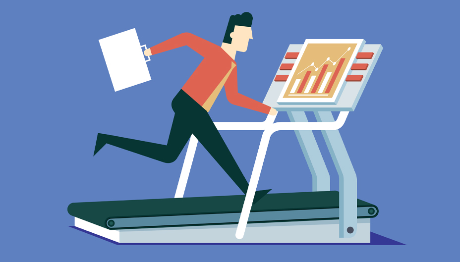 An illustration of a businessman running on a treadmill. 