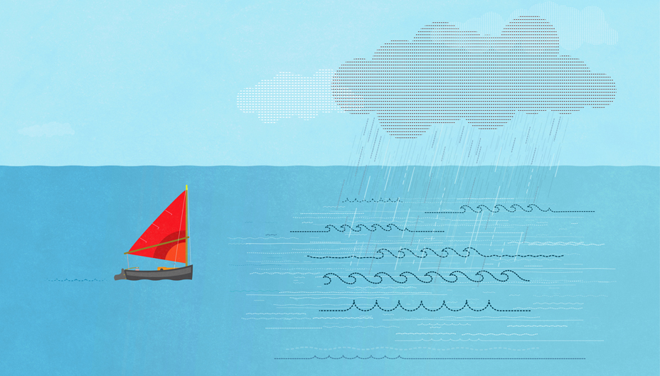 An illustration of a boat sailing into a storm.