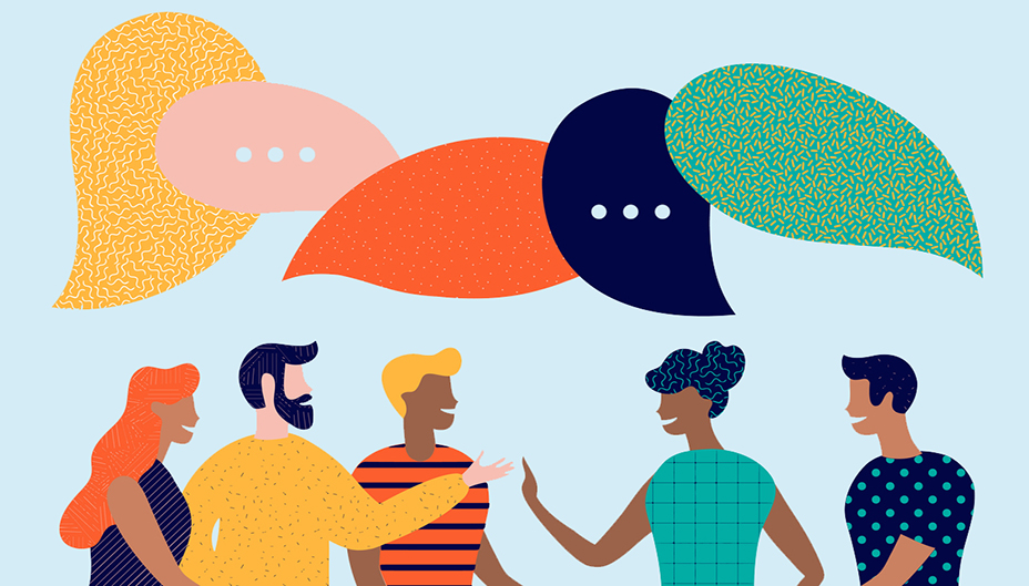 Illustration of a group of people talking to each other. Speech bubbles appear over their heads.
