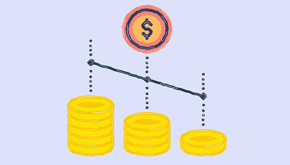 Trois piles de pièces de monnaie de hauteur décroissante.