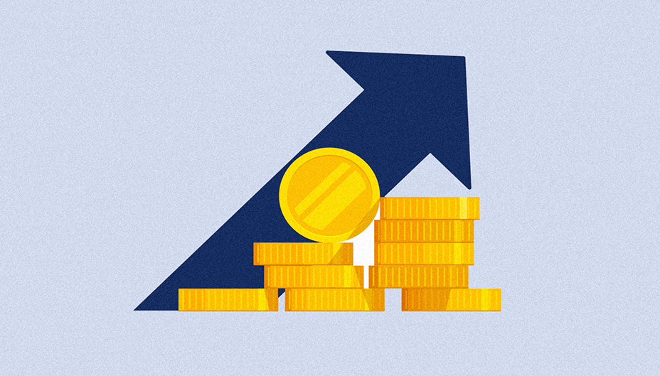 Illustration of an upward arrow with coins piled in front of it. 