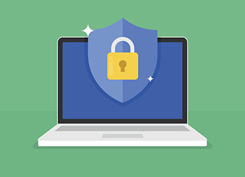 Illustration of a lock and shield popping out of a laptop screen.