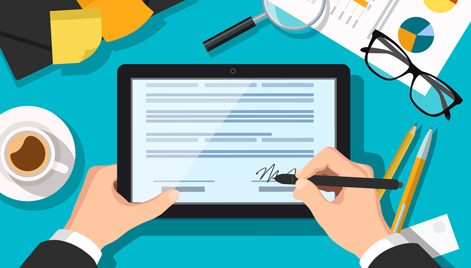 Illustration of a person signing a document on a tablet. 