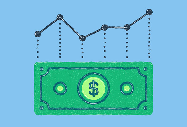 Illustration with a dollar bill with an upward line graph above it.