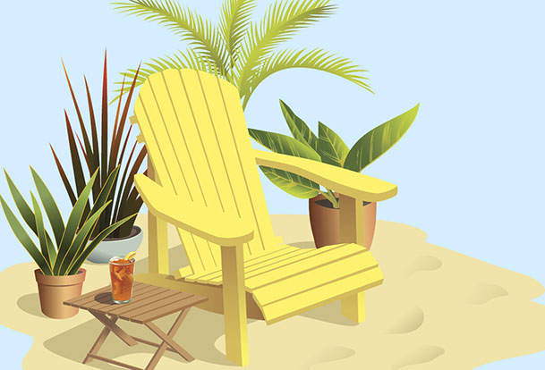Illustration of a muskoka chair with potted plants surrounding it.