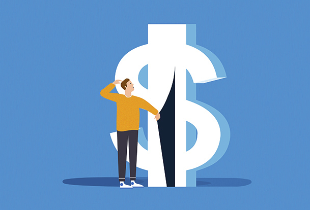 Illustration of a man looking into an open dollar sign. 