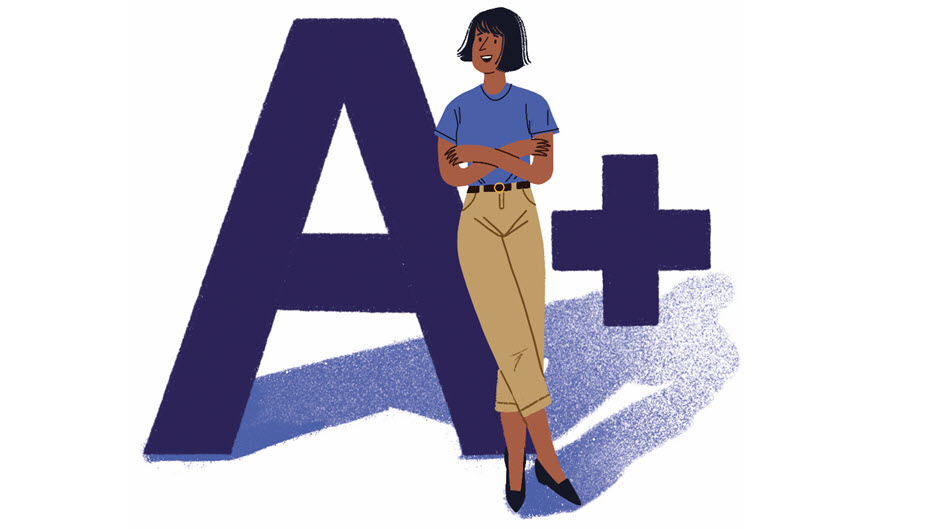 illustration of a woman leaning on an A+. 