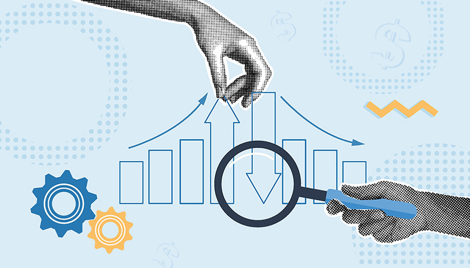 An illustrated hand pulling at a bar in a graph and another holding a magnifying glass to the graph