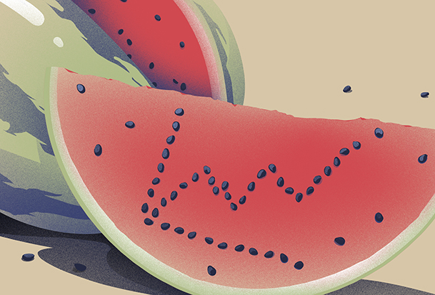 Illustration of a watermelon slice with the seeds in it forming a line graph.