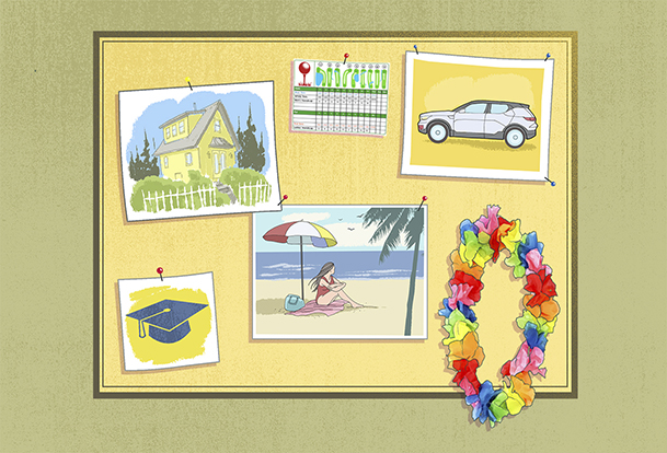 Vision board with multiple images representing a variety of goals.