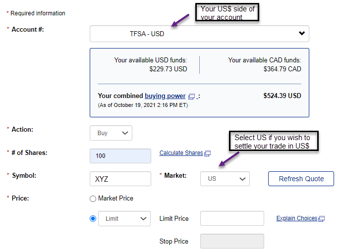 A screenshot of the stock buy order form page with instructions using American dollars (USD).