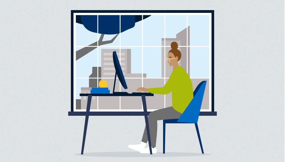 Illustration d'une femme en train de travailler avec un ordinateur de bureau.