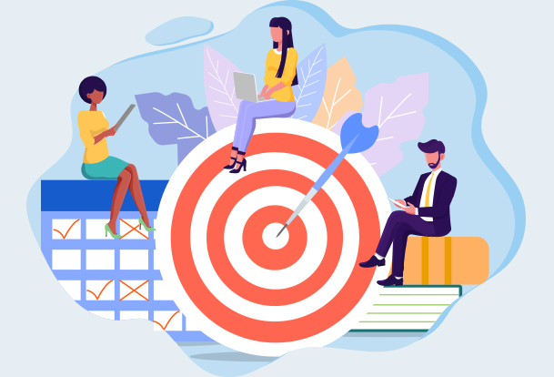 Illustration of a bullseye and people sitting around it on their laptops and tablets.