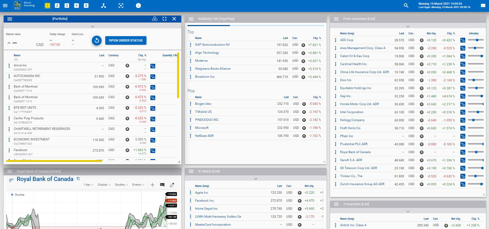 Screenshot of the RBC Direct Investing Trading Dashboard. On the display is an investor’s portfolio, and the Nasdaq 100 "Top/Flop" view.