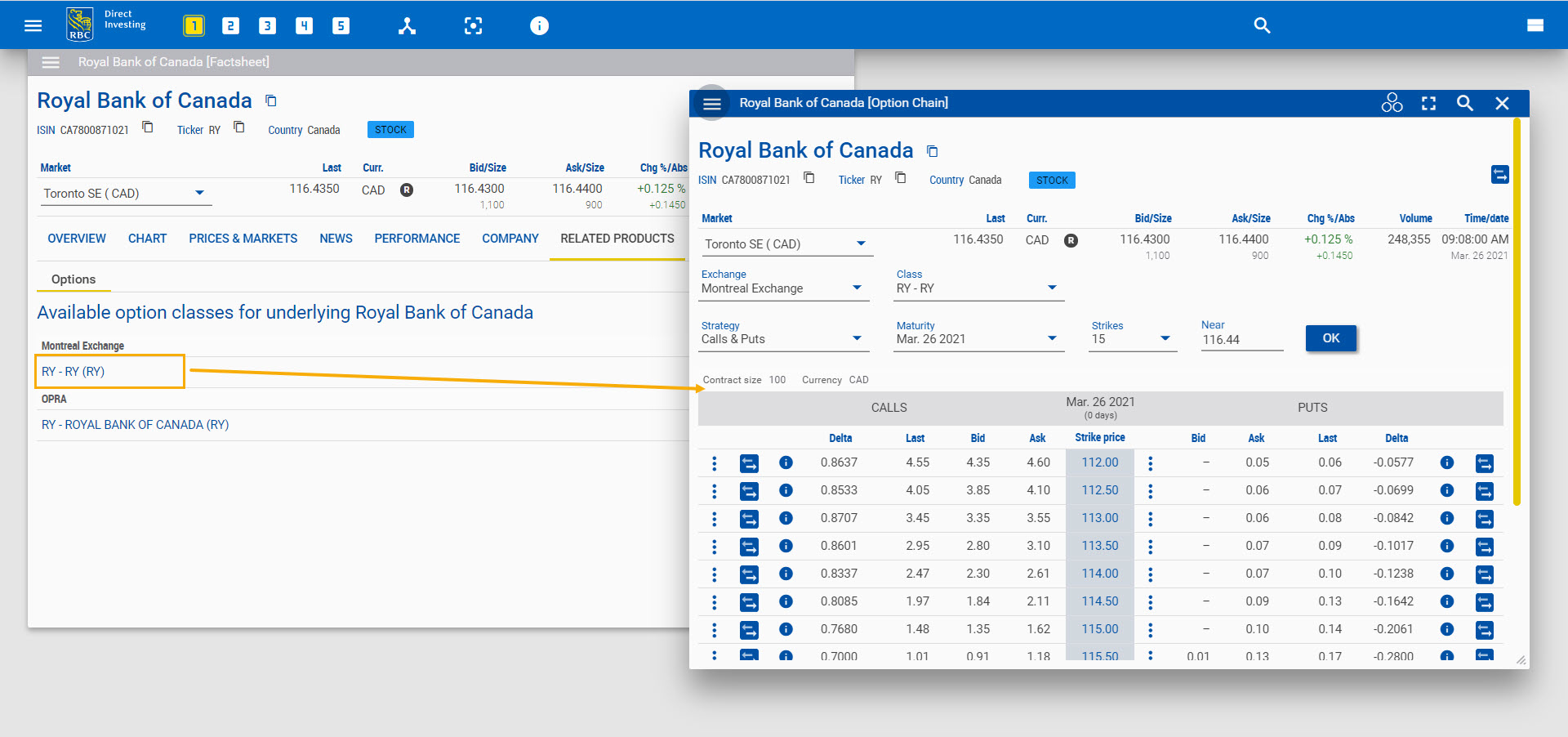 Clicking on option class to open options chain widget. 