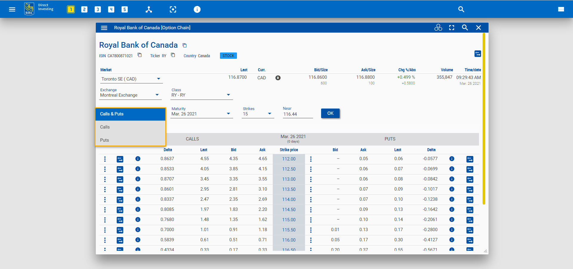 Dropdown highlighted to select calls, puts or both. 