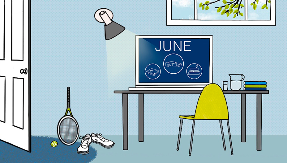 An illustration of a desk and a laptop highlighting last month's top traded stocks.